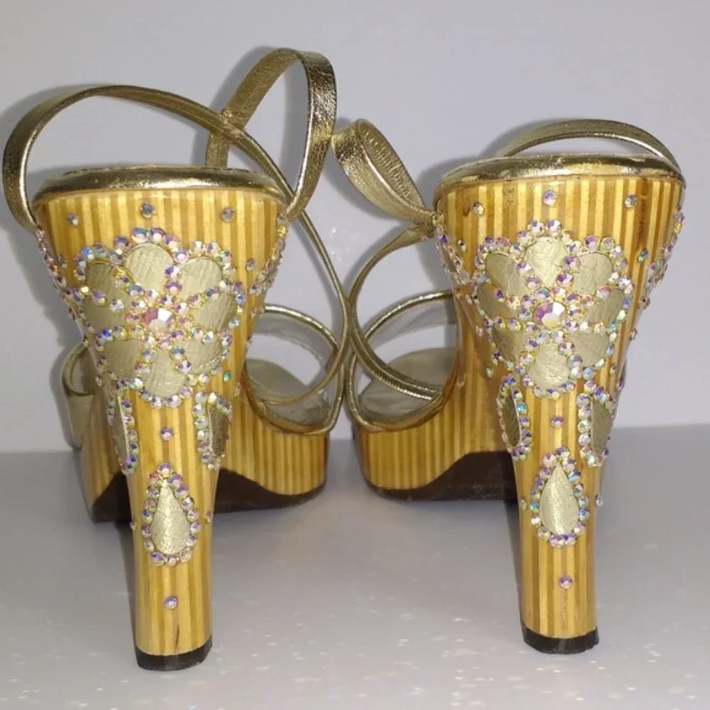 *Naughty But Nice 70's crystal leather embellished strappy wood platform…
